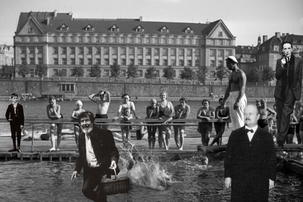 John Cage, František Smotlacha a Marcel Duchamp odpočívají po houbařském výletě na vltavské plovárně, kam chodíval i malý Franz Kafka